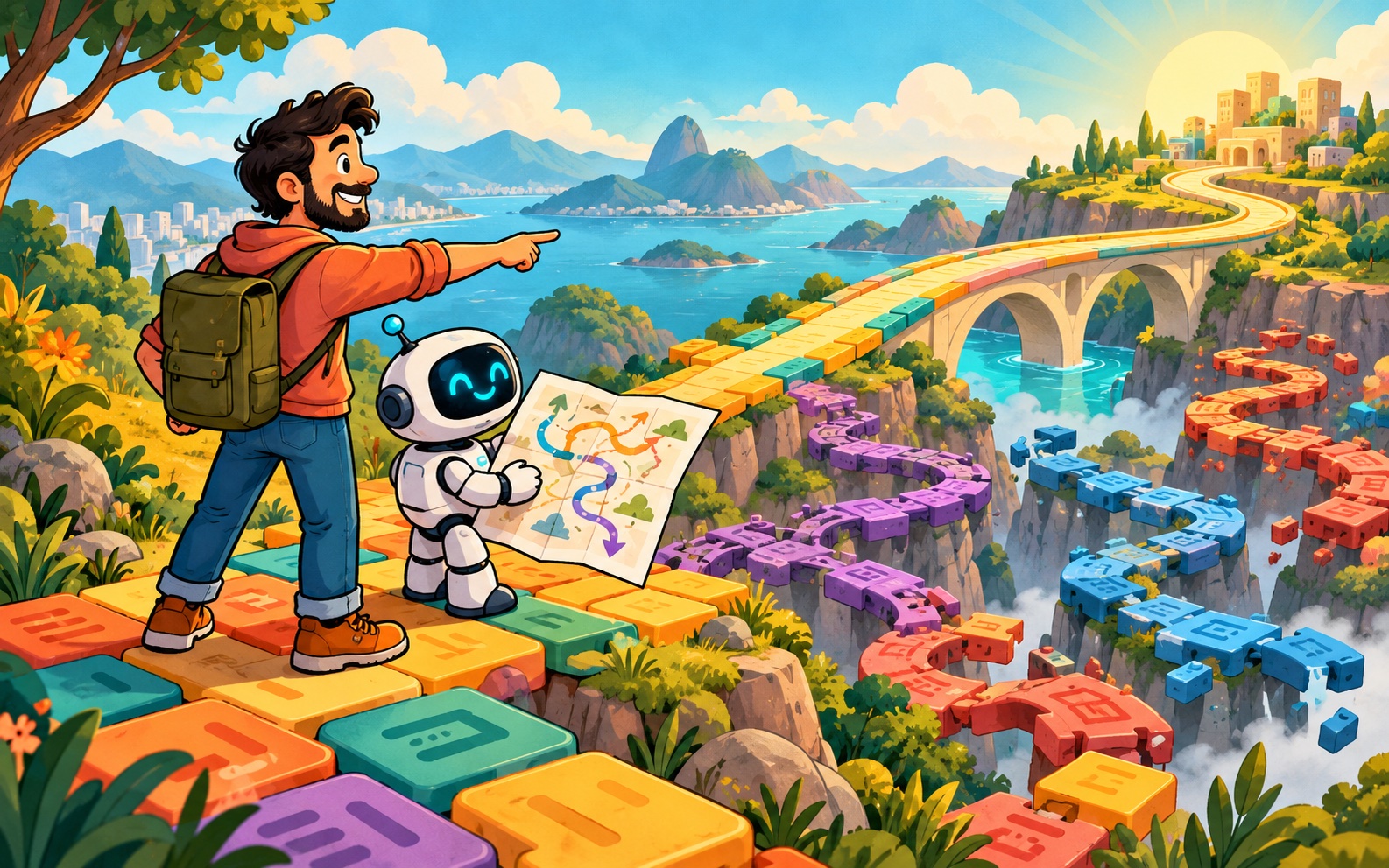 Engenheiro orienta um robô na escolha de uma ponte entre caminhos coloridos.