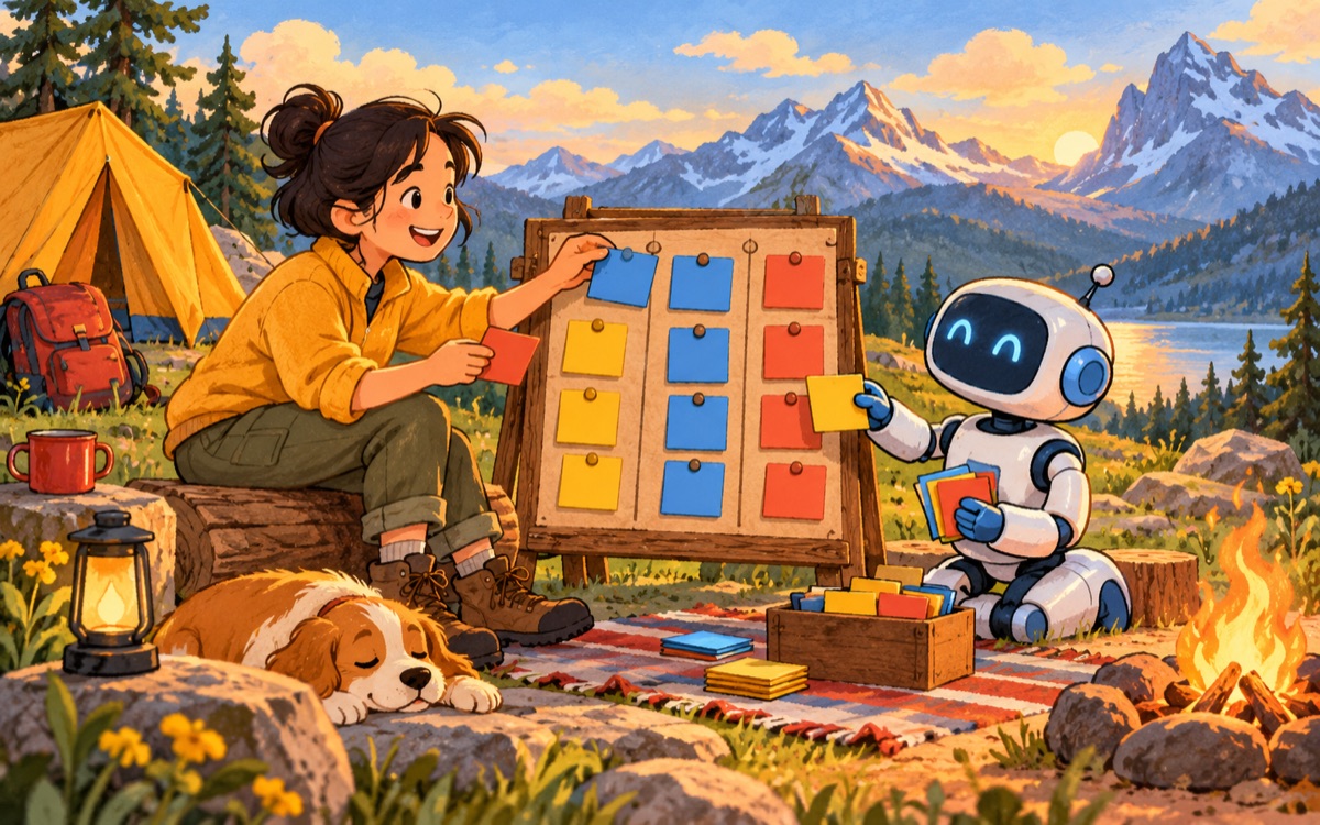 Ilustração cartoon: uma pessoa e um robô organizam tarefas representadas por cartões coloridos sem escrita em um pequeno acampamento de montanha.