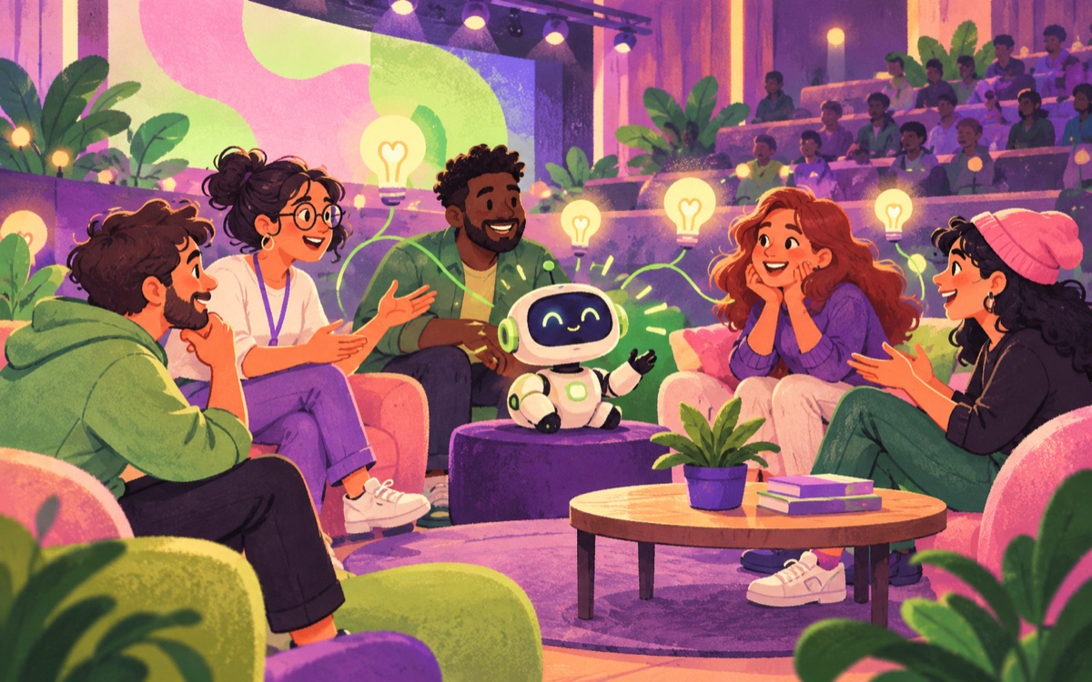 Ilustração cartoon: uma roda de pessoas troca ideias luminosas com um pequeno robô em um auditório alegre de tecnologia.