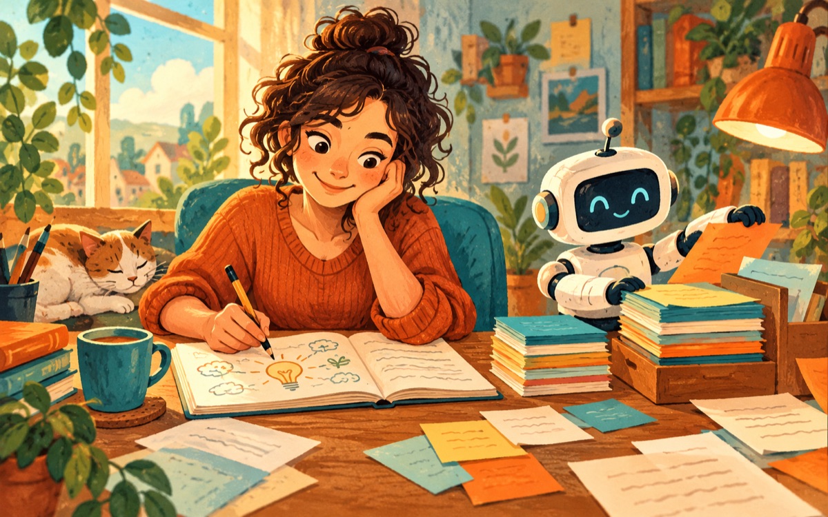 Ilustração cartoon: uma escritora desenha uma ideia com seu lápis enquanto um pequeno robô organiza folhas coloridas ao lado, preservando a voz humana.