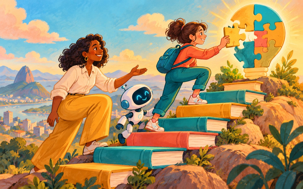 Ilustração cartoon: uma mentora acompanha uma aprendiz que sobe degraus feitos de livros e resolve um quebra-cabeça com seu próprio raciocínio, com um robô auxiliar ao lado.
