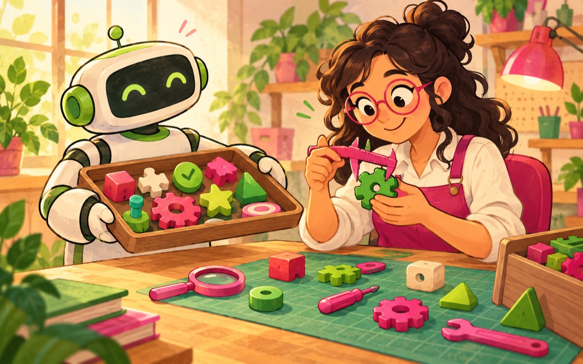 Ilustração cartoon: um robô oferece uma bandeja de peças de teste variadas e uma engenheira calibra cada peça com instrumentos de brinquedo.