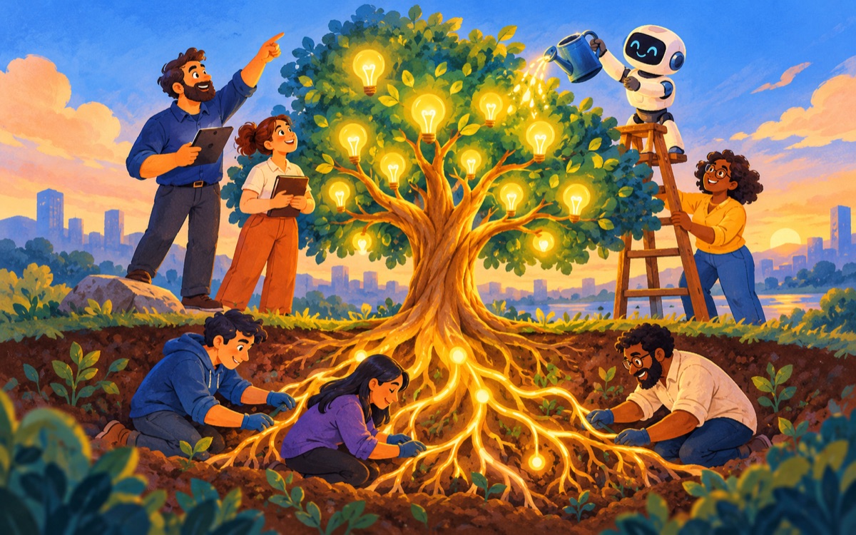 Ilustração cartoon: um grupo constrói uma árvore luminosa de ideias: as raízes crescem de baixo e a copa recebe orientação de cima, com um robô regando.
