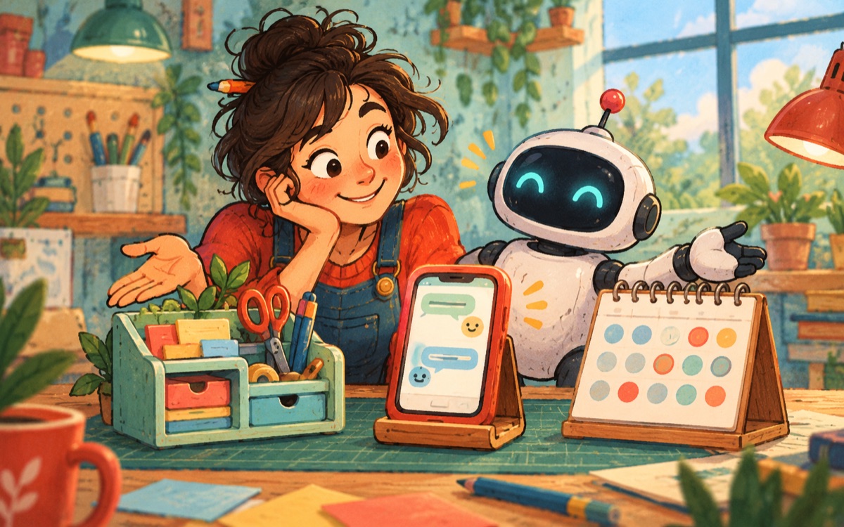 Ilustração cartoon: uma inventora e seu robô mostram três pequenas invenções distintas em uma bancada: organizador, telefone de mensagens e calendário sem letras.