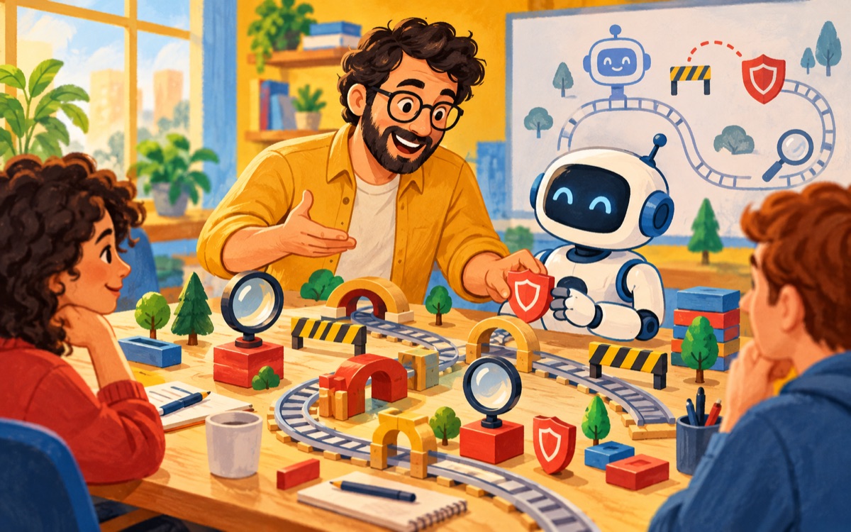 Ilustração cartoon: um professor conduz uma oficina com um robô e maquetes de trilhos seguros, lentes de teste e pequenos escudos.