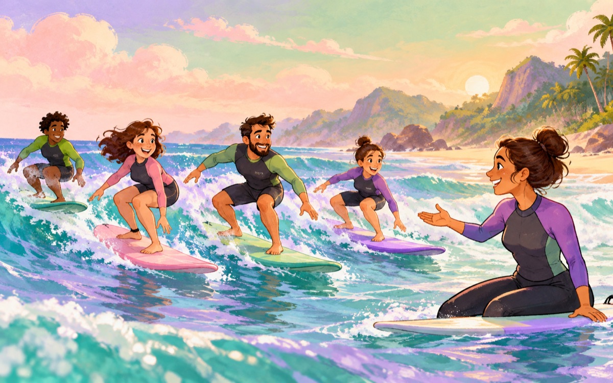 Ilustração cartoon: uma equipe aprende a surfar pequenas ondas coloridas sob orientação tranquila de uma líder na praia.