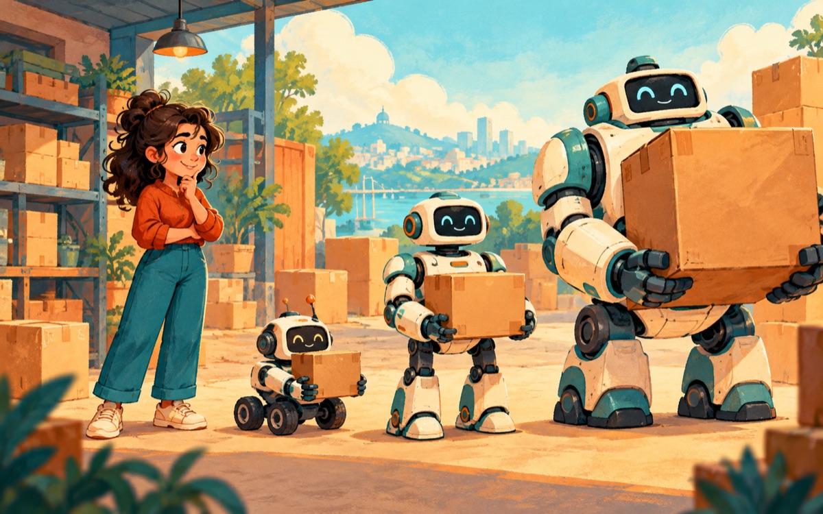 Ilustração cartoon: uma engenheira escolhe entre três robôs de tamanhos diferentes para carregar caixas pequenas e grandes sem desperdiçar energia.