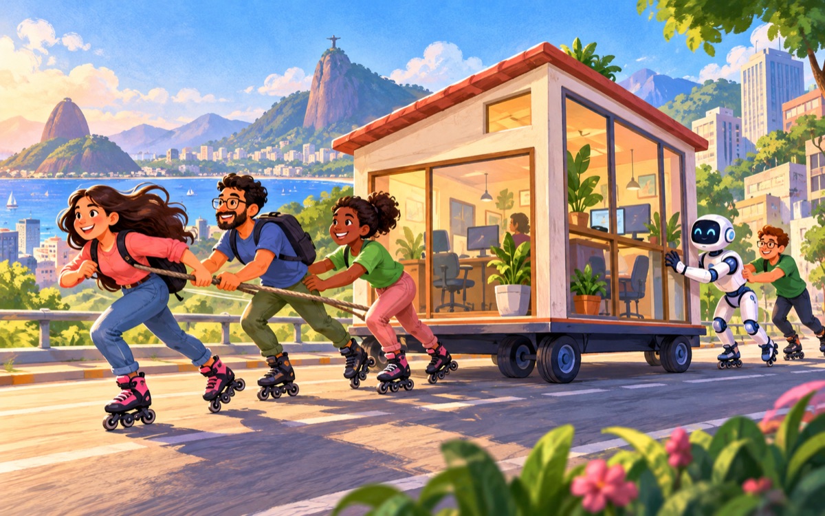 Ilustração cartoon: pessoas em patins avançam por uma rua enquanto ajudam uma casa-escritório sobre rodas a acompanhar o ritmo, com um robô empurrando.