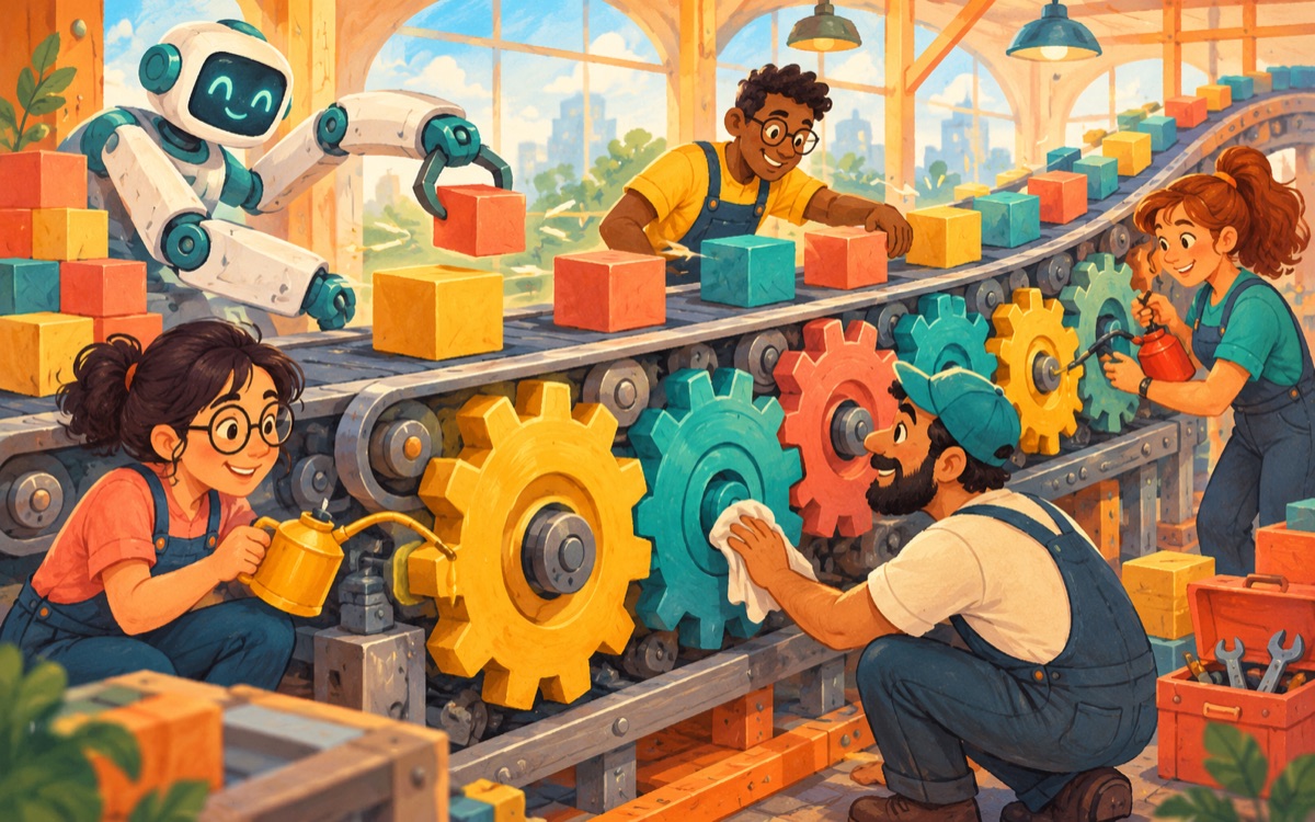 Ilustração cartoon: uma equipe lubrifica engrenagens coloridas de uma esteira que recebe blocos rapidamente de um robô construtor.