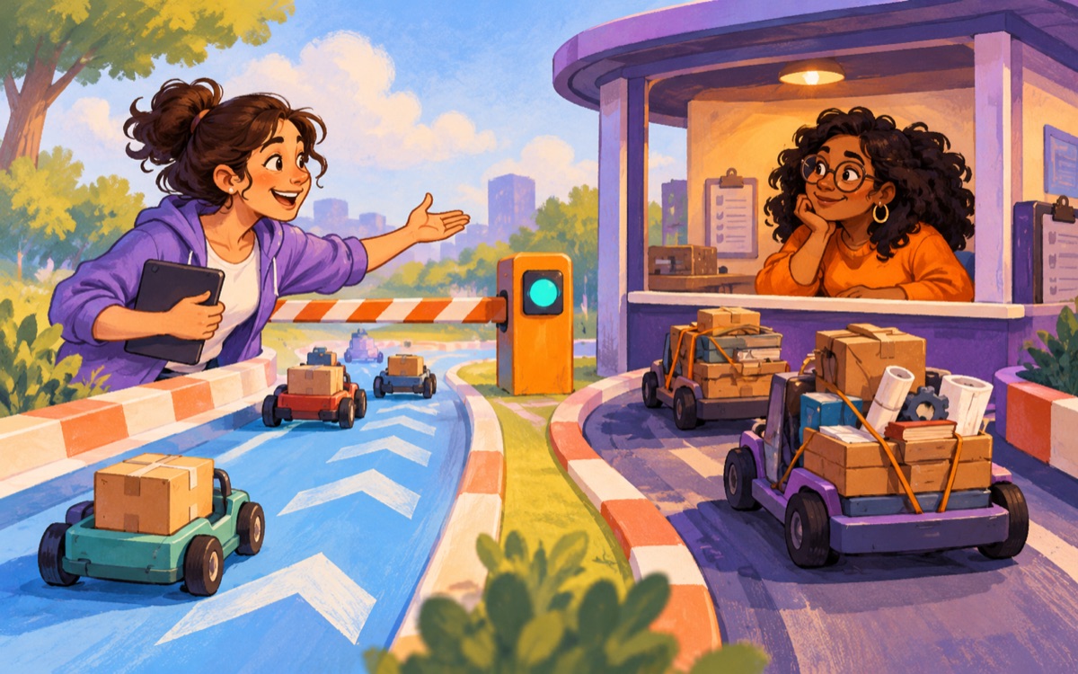 Ilustração cartoon: duas engenheiras discutem uma cancela em uma pista de carrinhos: uma faixa livre para cargas simples e uma estação de avaliação para cargas complexas.