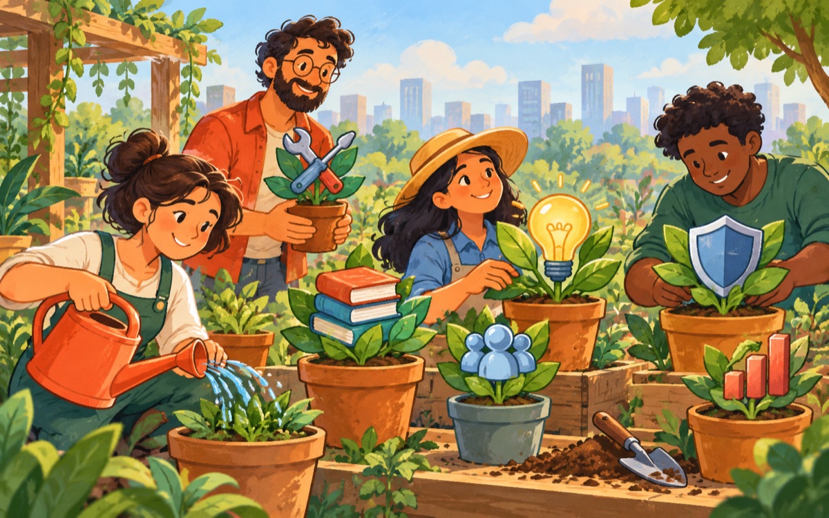 Ilustração cartoon: uma equipe cultiva um jardim de habilidades simbolizadas por ferramentas, livros, lâmpadas e escudos em vasos diferentes.