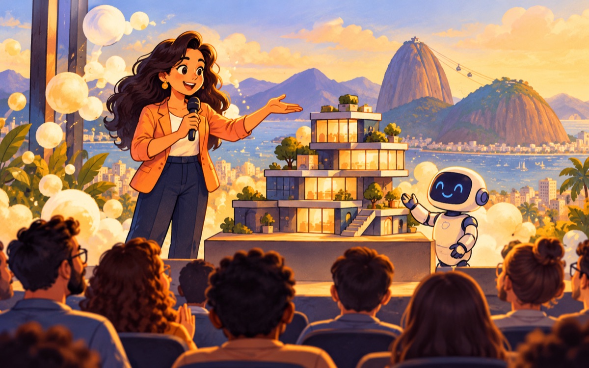 Ilustração cartoon: uma palestrante e um pequeno robô apresentam uma construção sólida diante de um público, com montanhas do Rio ao fundo e balões de espuma se dissipando.