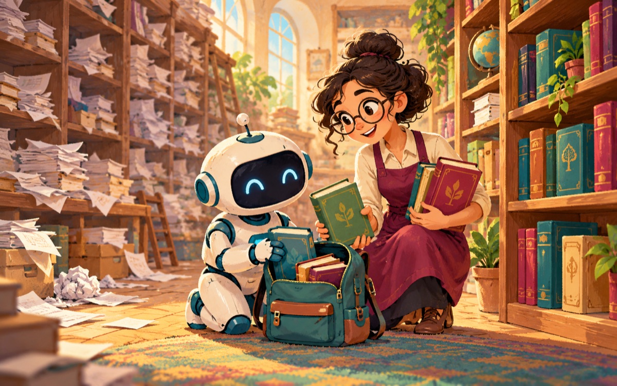 Ilustração cartoon: um robô e uma bibliotecária escolhem poucos livros úteis para uma mochila pequena, deixando prateleiras de papéis desnecessários para trás.