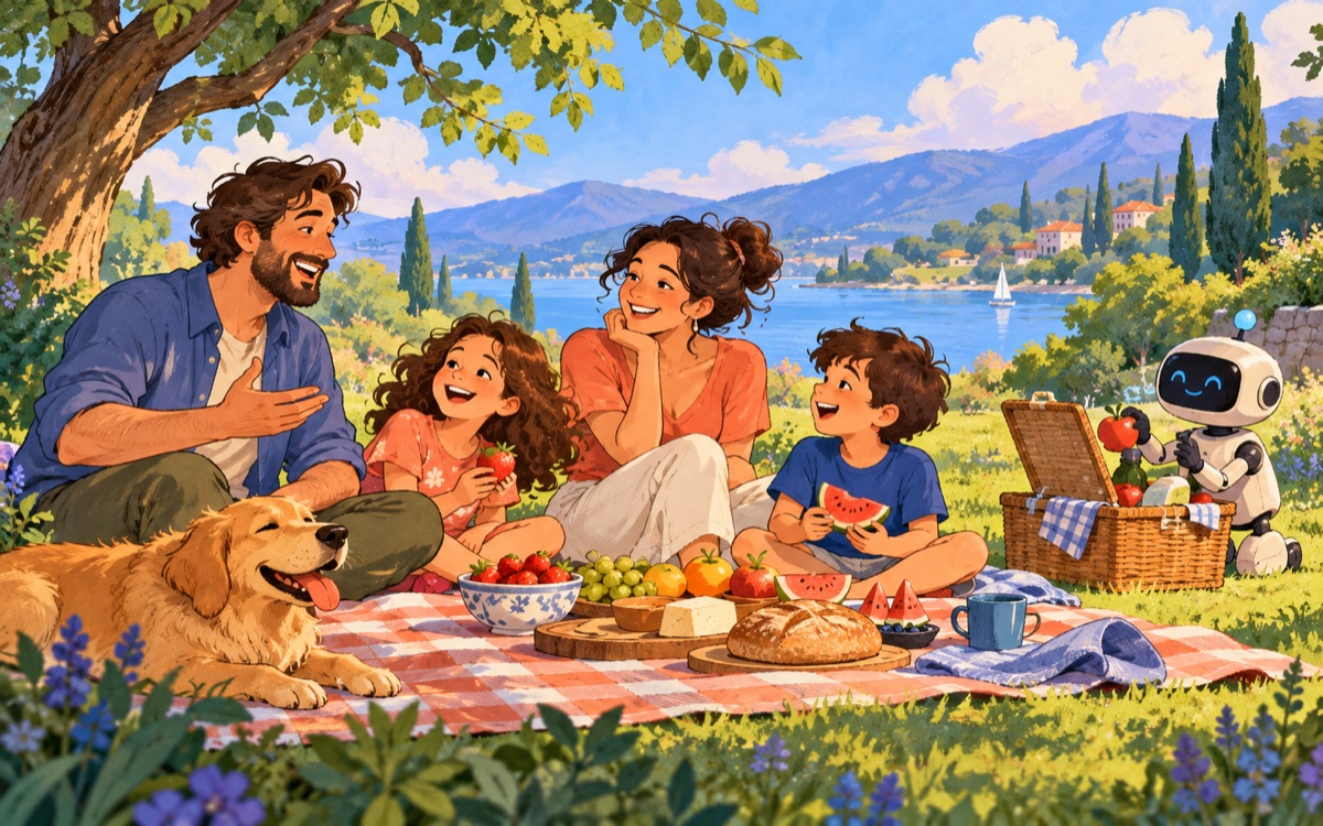 Ilustração cartoon: uma família conversa alegremente em um piquenique enquanto um pequeno robô cuida apenas de organizar a cesta a distância.