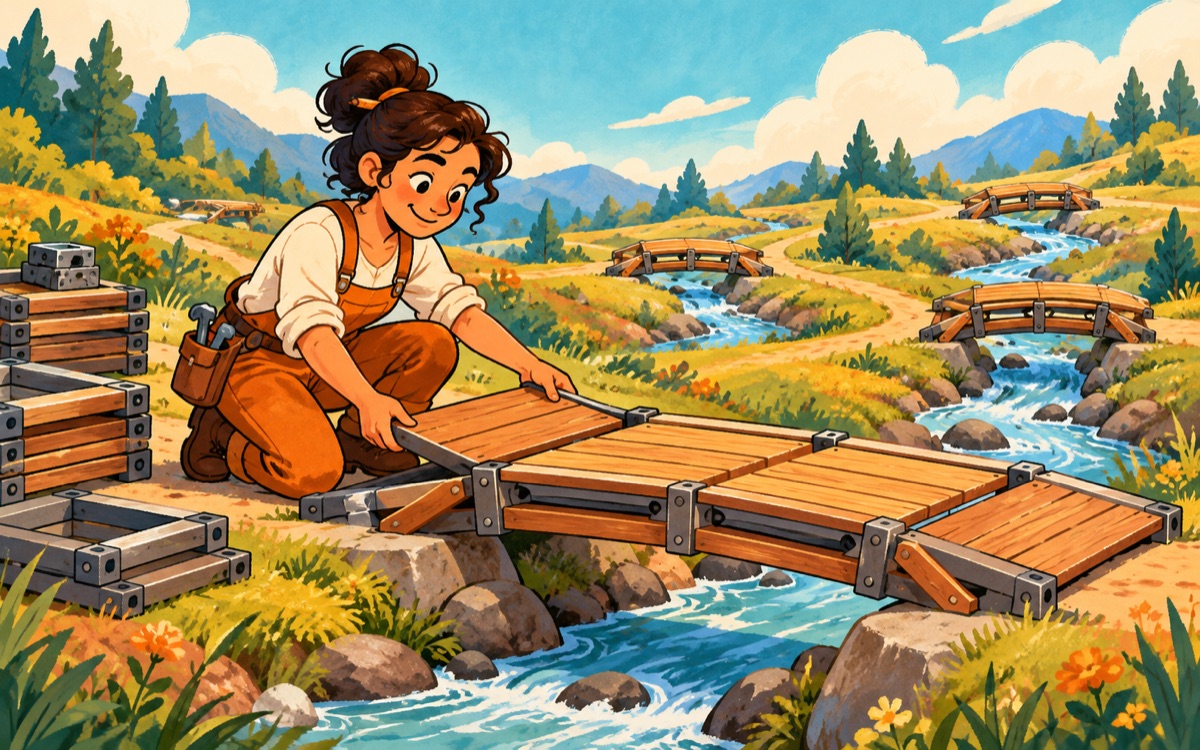 Ilustração cartoon: uma inventora cria uma ponte modular que resolve a travessia de vários riachos, em vez de empilhar uma pedra para cada riacho.