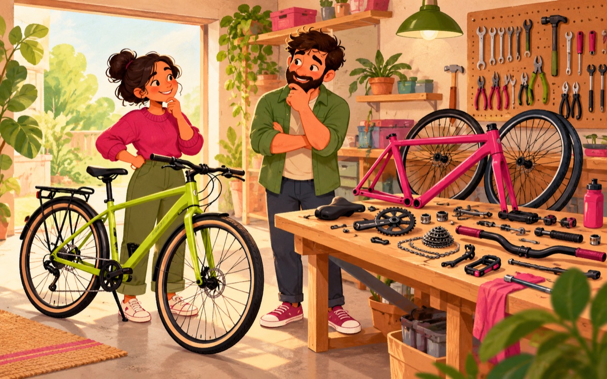 Ilustração cartoon: duas pessoas comparam uma bicicleta pronta e uma bancada de peças para montar outra, com ferramentas de manutenção visíveis.