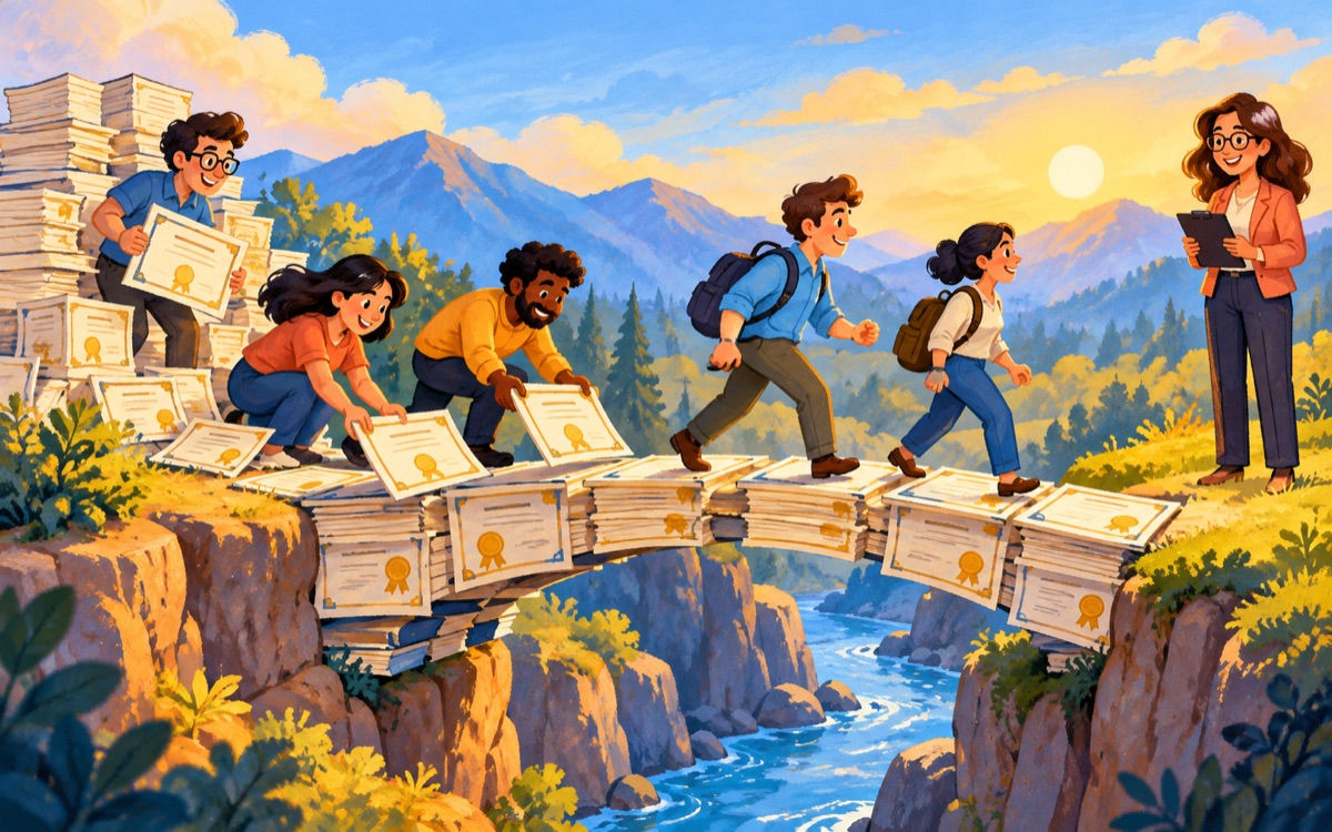 Ilustração cartoon: uma equipe transforma pilhas de certificados em uma ponte realmente utilizável, com uma professora avaliando a travessia.