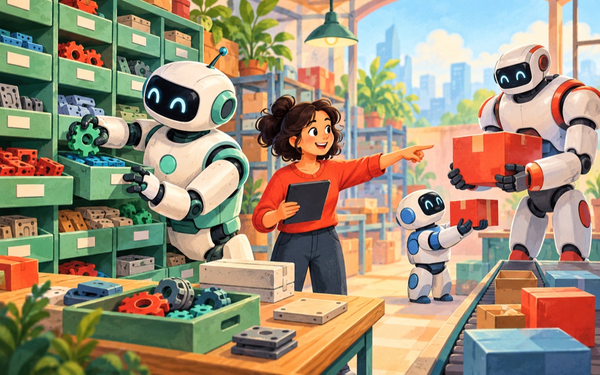 Ilustração cartoon: um robô reutiliza peças guardadas em gavetas enquanto uma engenheira dirige cada encomenda ao ajudante de tamanho adequado.