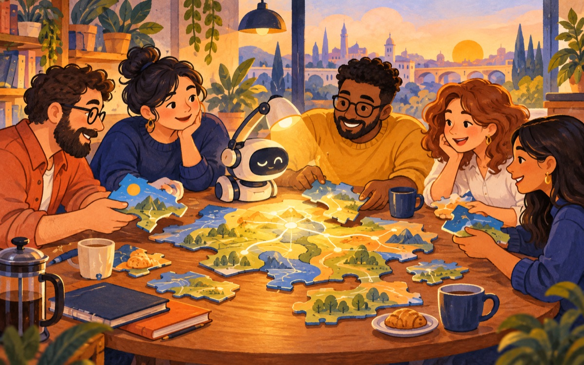 Ilustração cartoon: líderes compartilham peças de um mapa numa mesa redonda de café, com uma pequena luminária robótica iluminando as conexões.