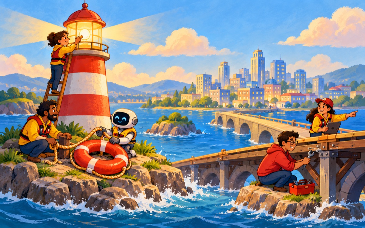 Ilustração cartoon: uma equipe e um robô cuidam de um farol, uma boia de resgate e uma ponte de retorno para manter uma cidade de software funcionando.
