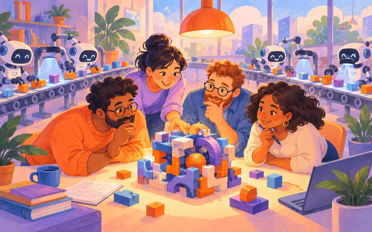 Ilustração cartoon: uma equipe humana examina uma única peça complexa numa mesa iluminada enquanto pequenas peças simples passam por verificadores automáticos.