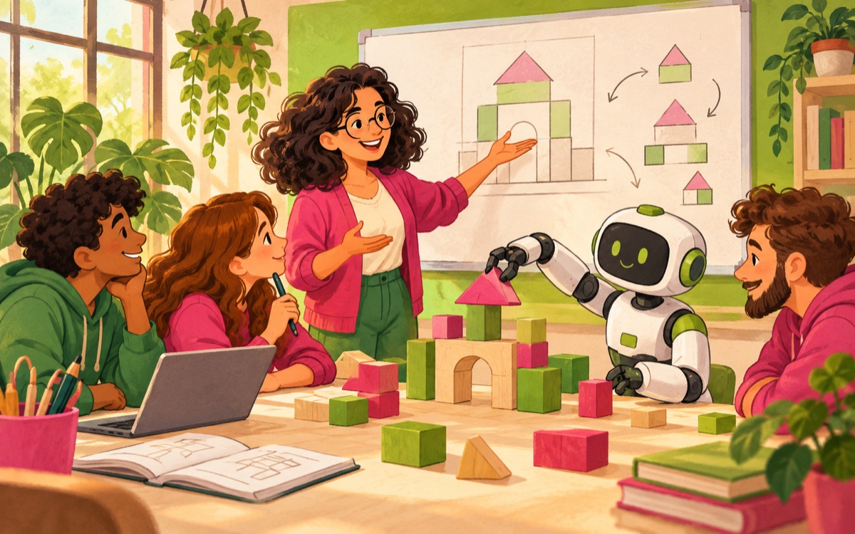 Ilustração cartoon: uma professora e alunos discutem um plano de construção numa sala de aula, enquanto um robô monta os blocos conforme o plano.