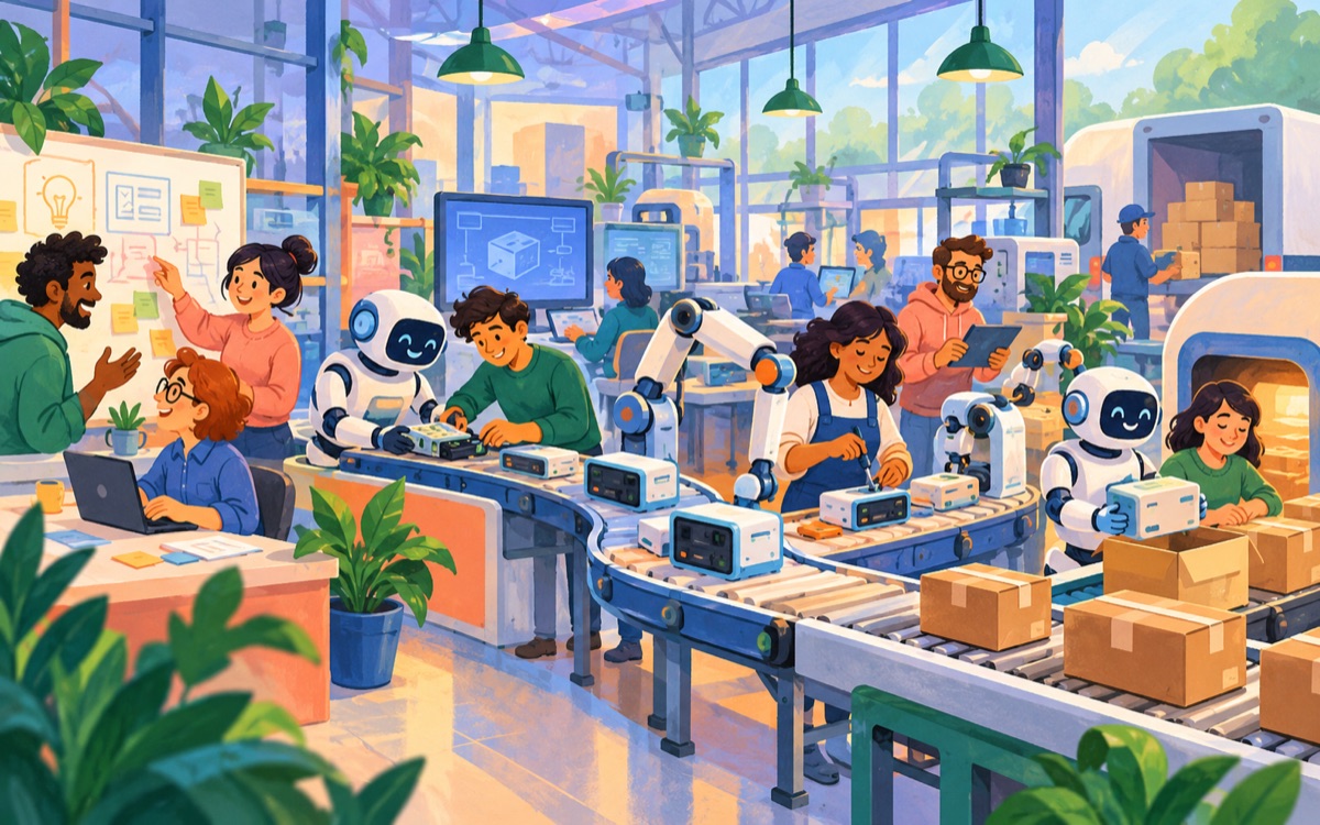 Ilustração cartoon: uma equipe reorganiza uma oficina inteira em um percurso fluido de estações, com robôs e pessoas colaborando até a entrega de um produto.