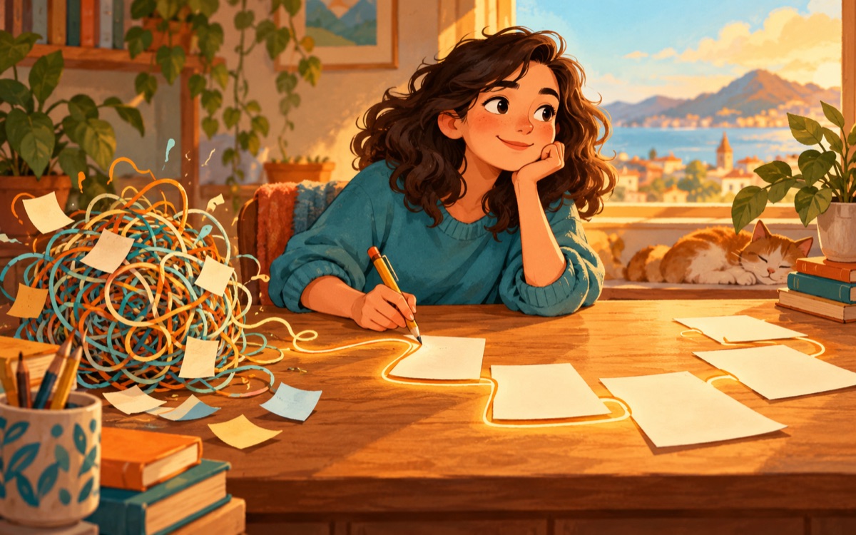 Ilustração cartoon: uma escritora transforma um novelo de ideias em um caminho claro usando seu lápis, com folhas sem palavras e luz quente.