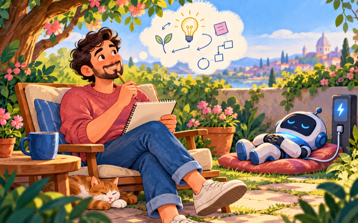 Ilustração cartoon: um desenvolvedor aproveita a pausa de um robô em recarga para planejar ideias num jardim com um caderno sem palavras.
