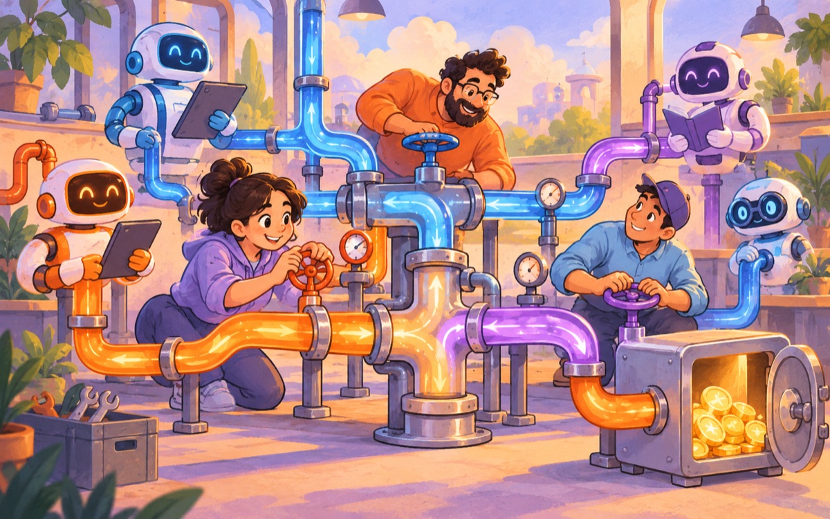 Ilustração cartoon: uma equipe ajusta uma rede de canos de energia para alimentar robôs diferentes, reaproveitando fluxos com válvulas coloridas e um pequeno cofre.