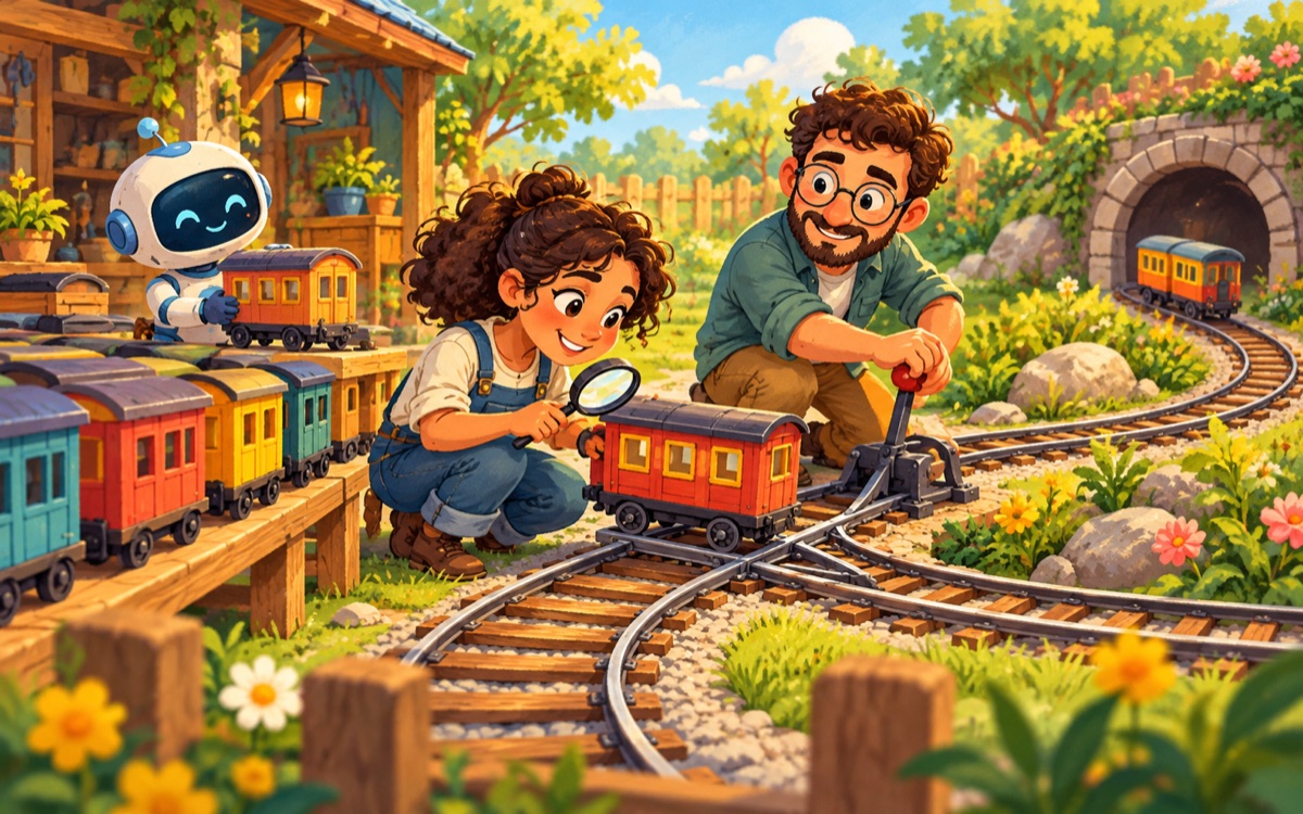 Engenheiros e robôs cuidam de um desvio ferroviário e inspecionam um vagão enquanto outros aguardam na oficina.